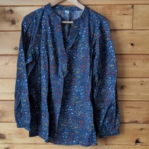 Old Navy blouse navy blue linen blend small-scale floral daisy print top Large
